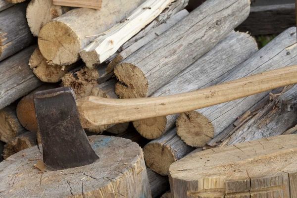 Canada, BC, Fort Steele Axe and woodpile